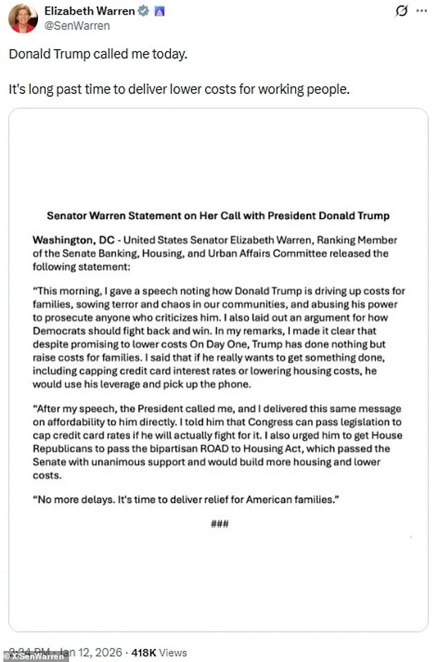 Unexpected Collaboration: Trump and Warren Engage in Rare Cordial Phone Call Amid Policy Clashes